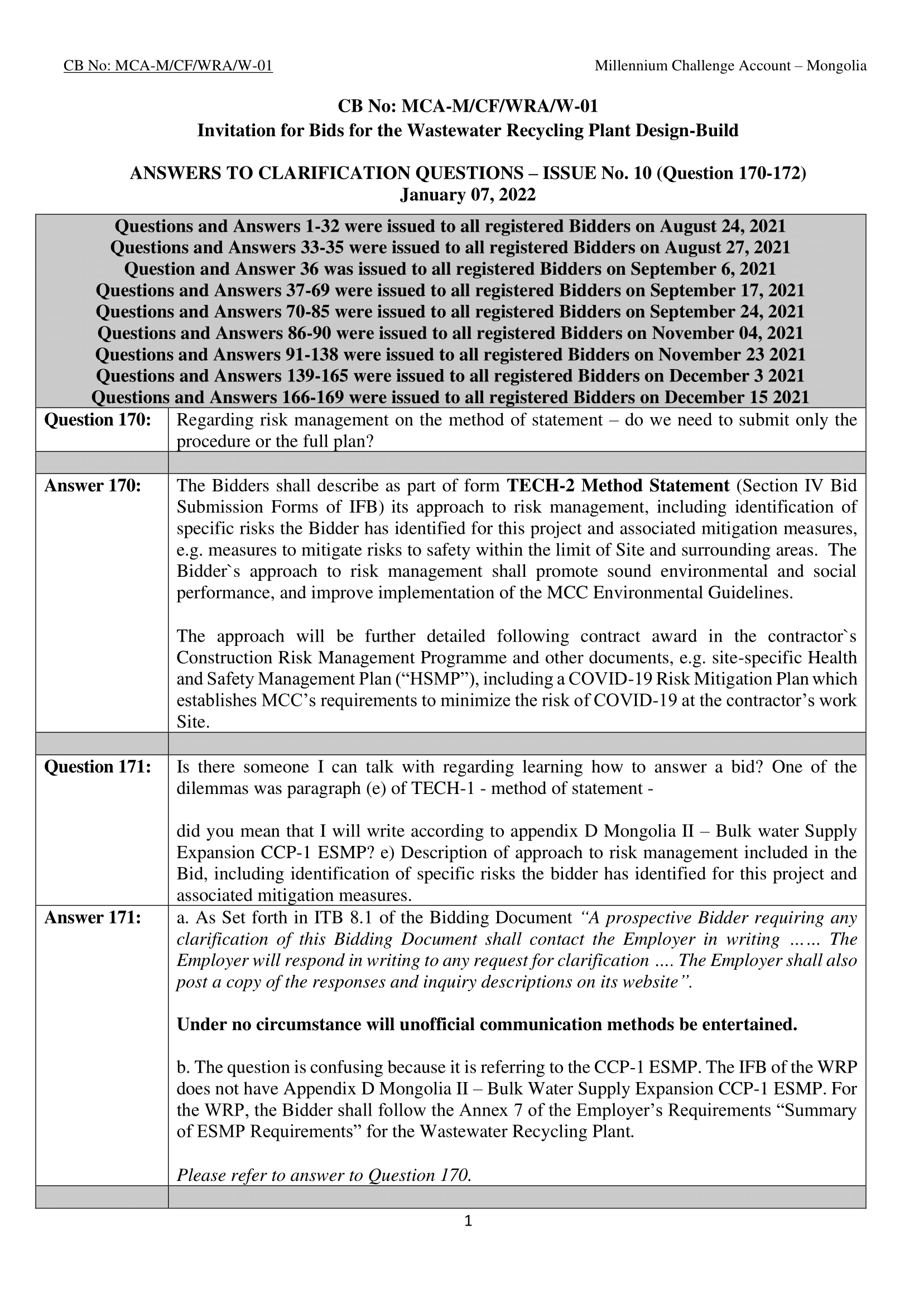 Wastewater Recycling Plant Design Build Clarification 10 Questions 170 172 Final January 07 2021 1