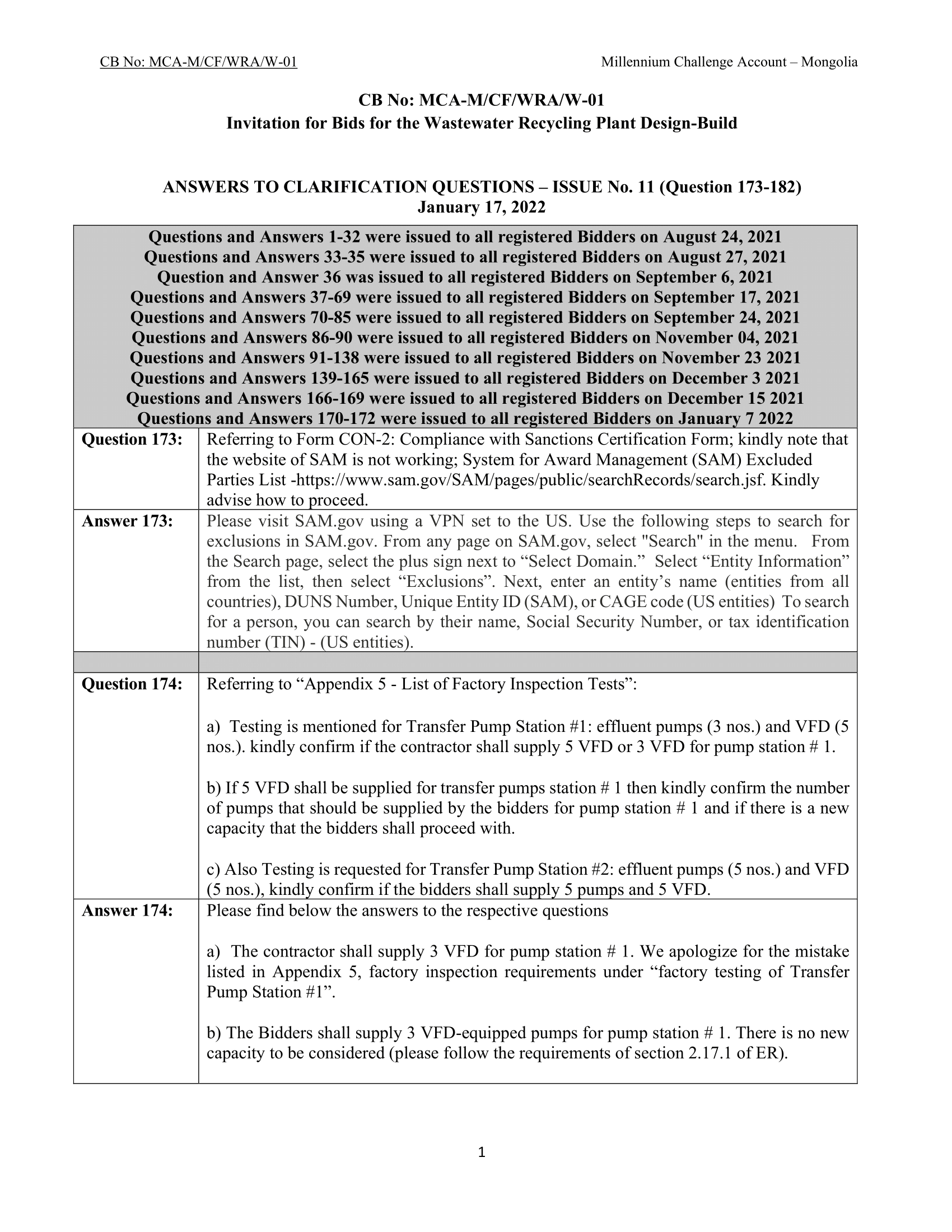 Wastewater Recycling Plant Design Build Clarification 11 (q173 182) Final January 17 2022 1
